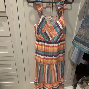THML Striped Ruffled Strap Maxi Dress - Pink, Yellow, Teal, White